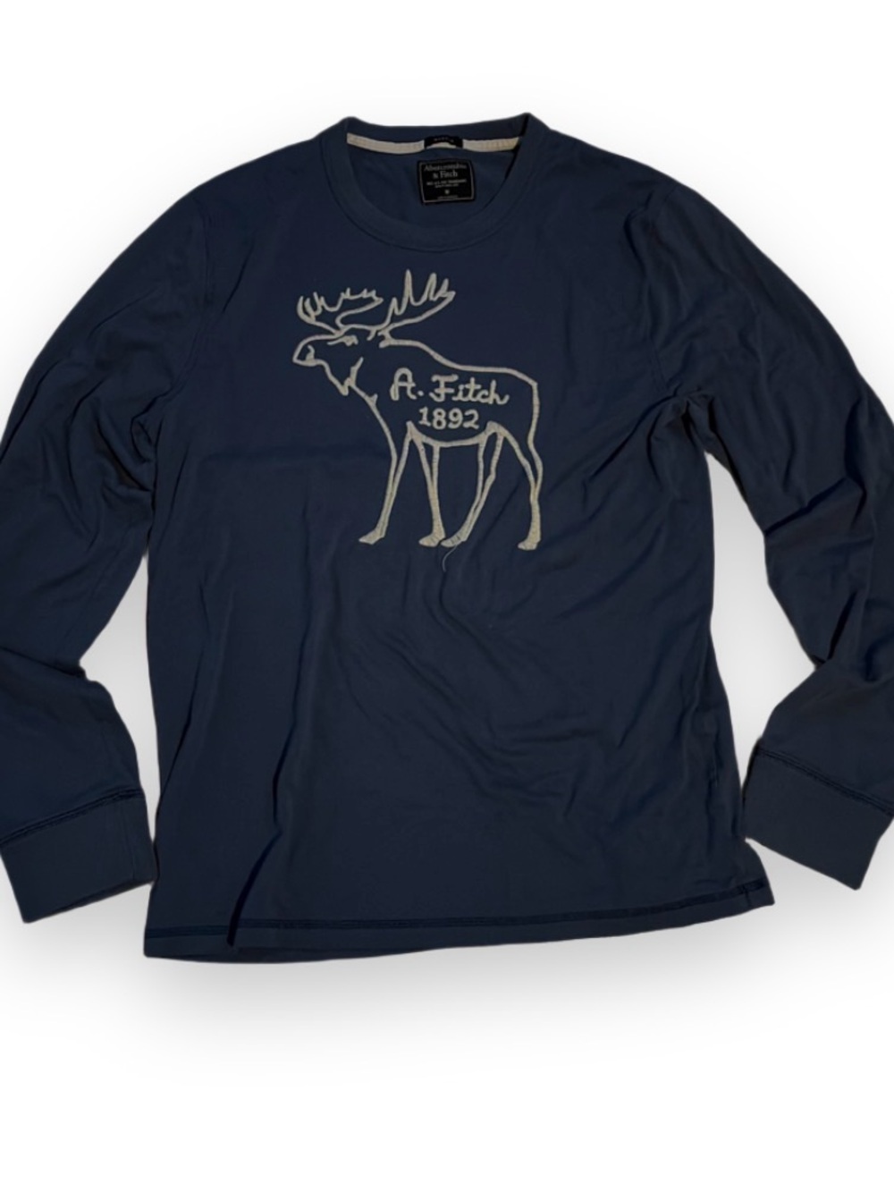 Abercrombie & Fitch Men's Long Sleeve Navy Tee with Moose Graphic Fall Y2K Prep